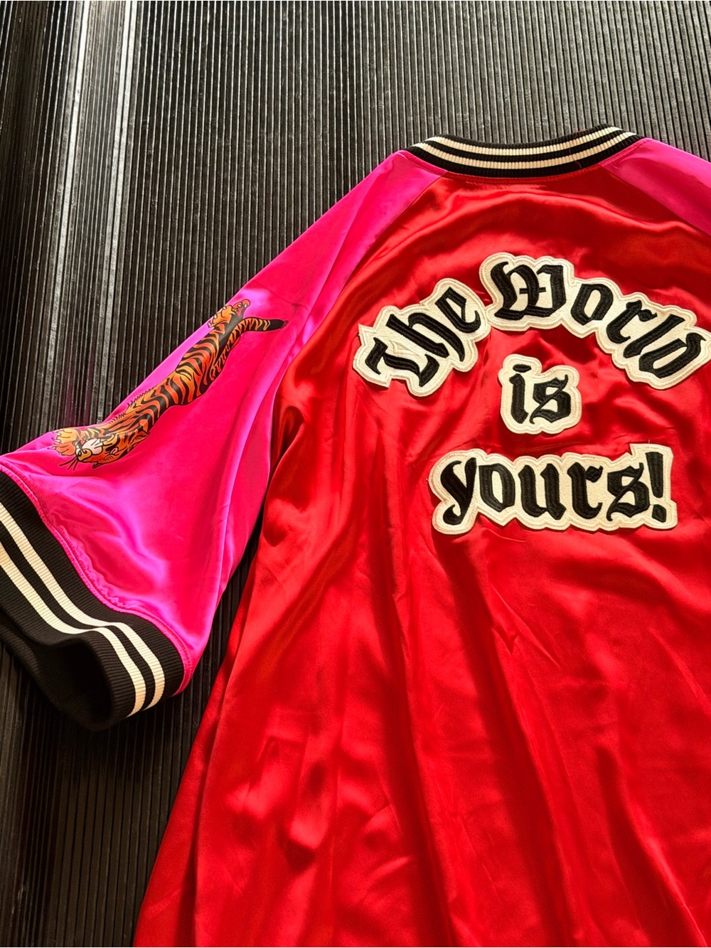 Dressed in LALA Red and Hot Pink Satin Bomber Cape - Picture 7 of 7
